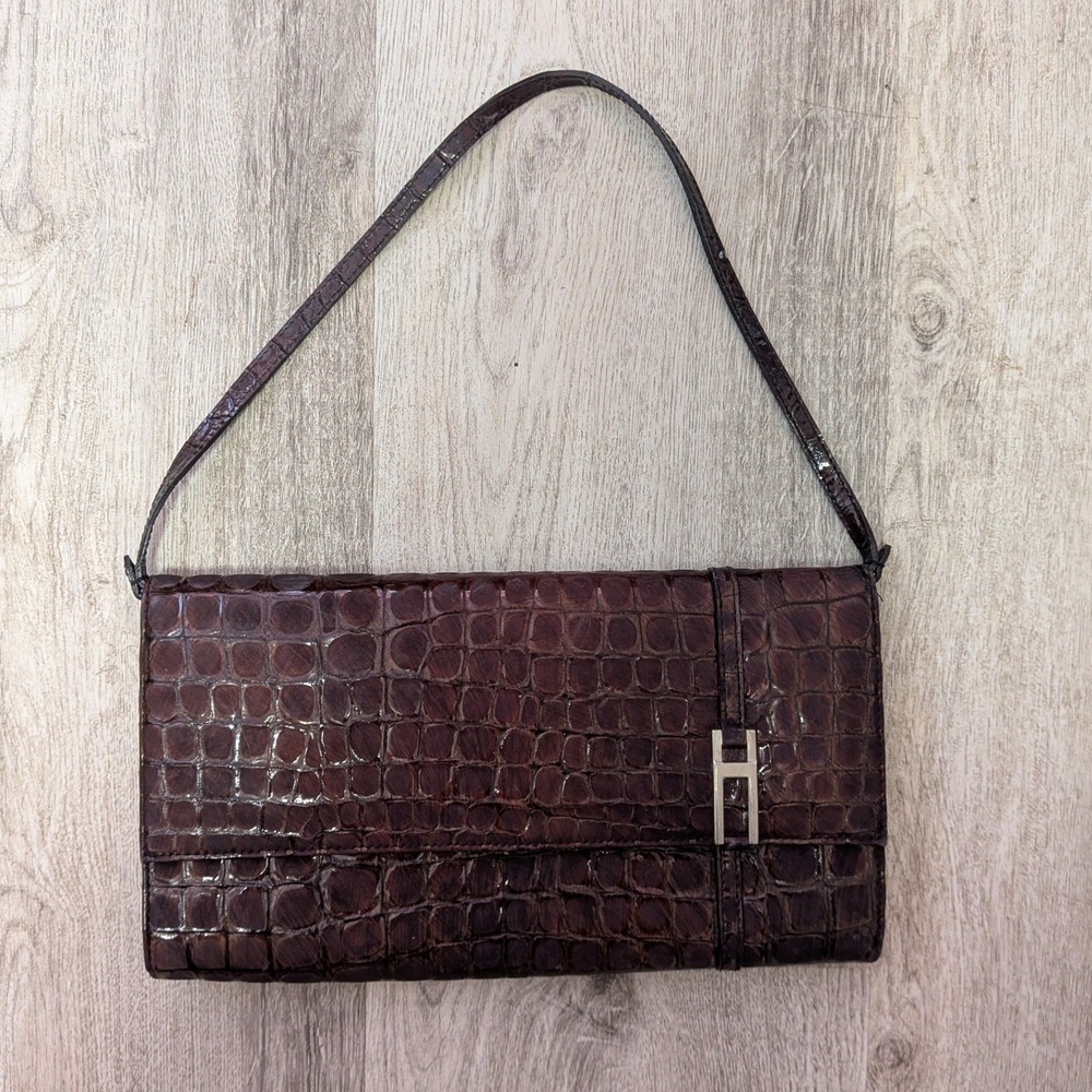 BCBG Max Azria Y2K Brown Croc Embossed Leather Shoulder Bag Silver Hardware
